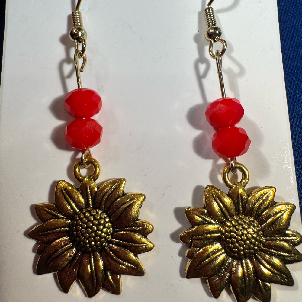 Gold Sunflower Earrings with Red Beads